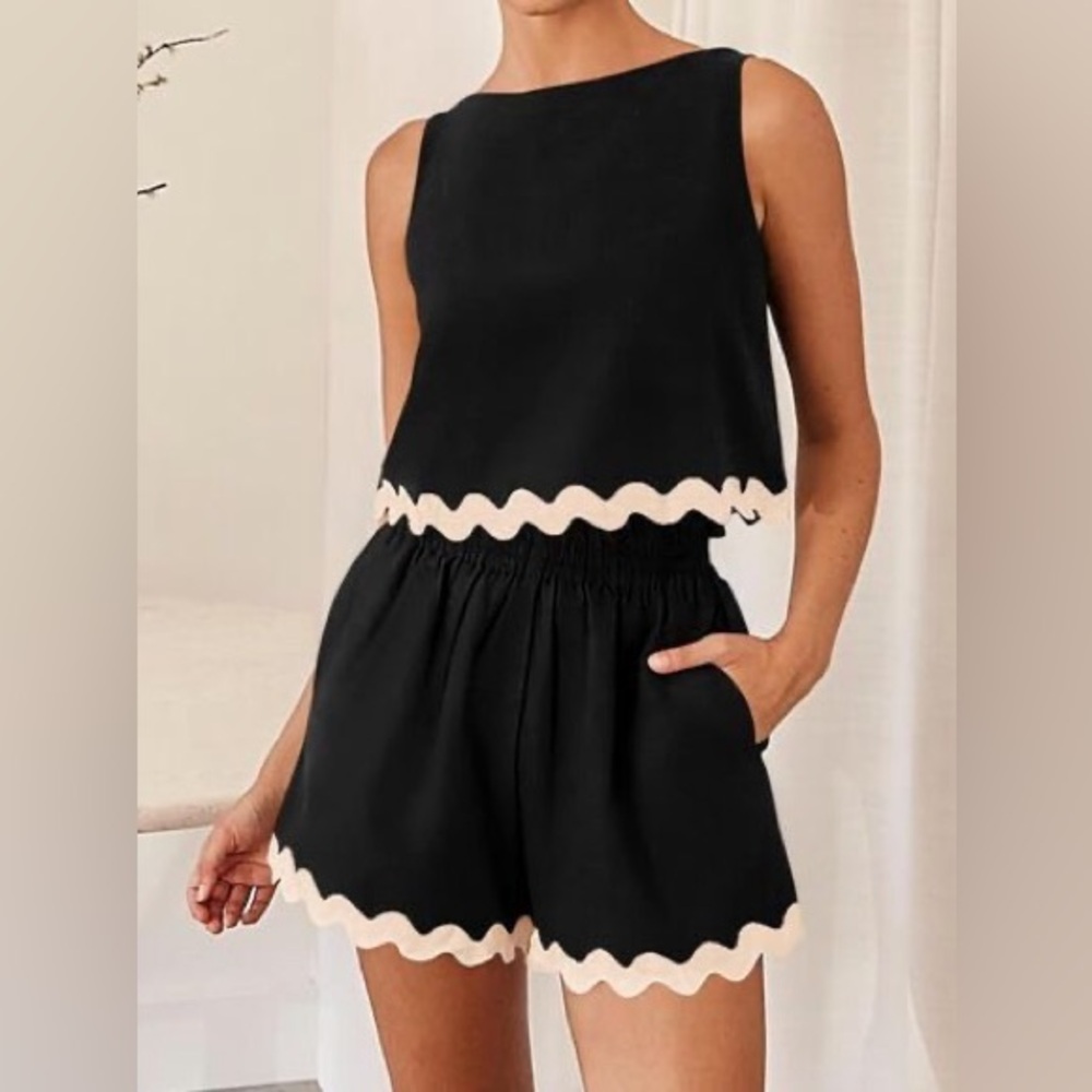 Black and Cream Sleeveless Cotton RicRac Top and Shorts Set